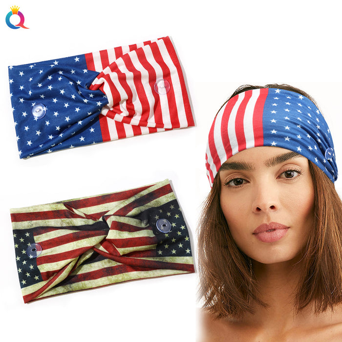 Wholesale 4th of July Independence Day Flag Elastic Wide Stretch Button Headband JDC-HD-qiyue001