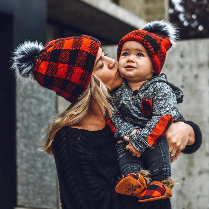 Wholesale Hat Wool Red And Black Plaid Parent-Child Knitted Hat MOQ≥2 JDC-FH-MY003