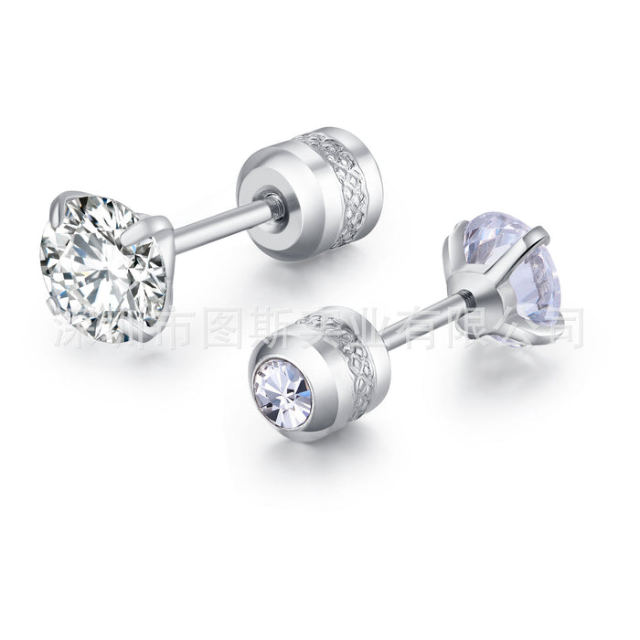 Wholesale Round Four Prong Zircon Fine Pin Stud Earrings Stainless Steel JDC-ES-JiaYi004