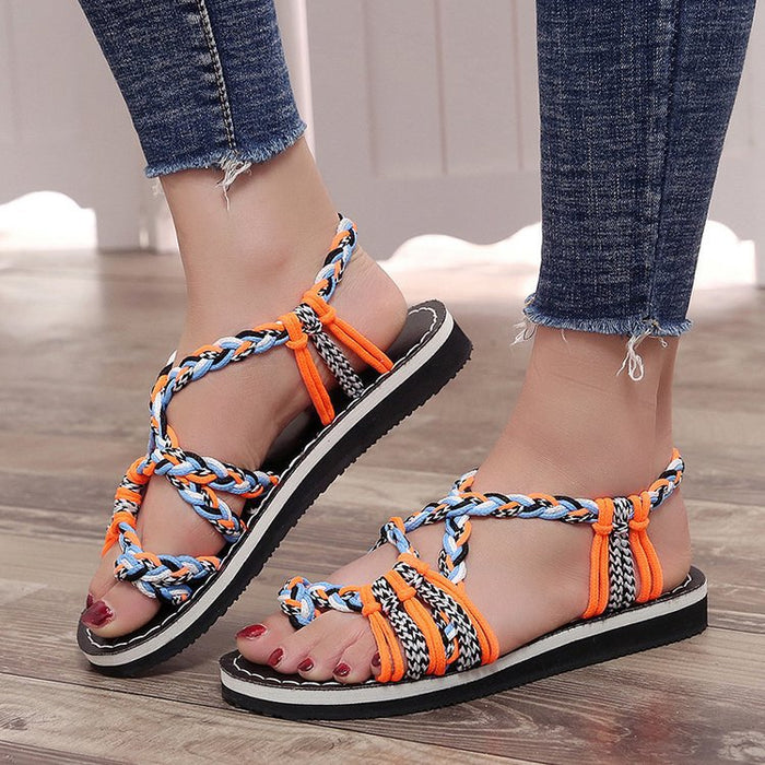Wholesale colorblock rope knot beach pullover plus size women sandals JDC-SD-YanY001