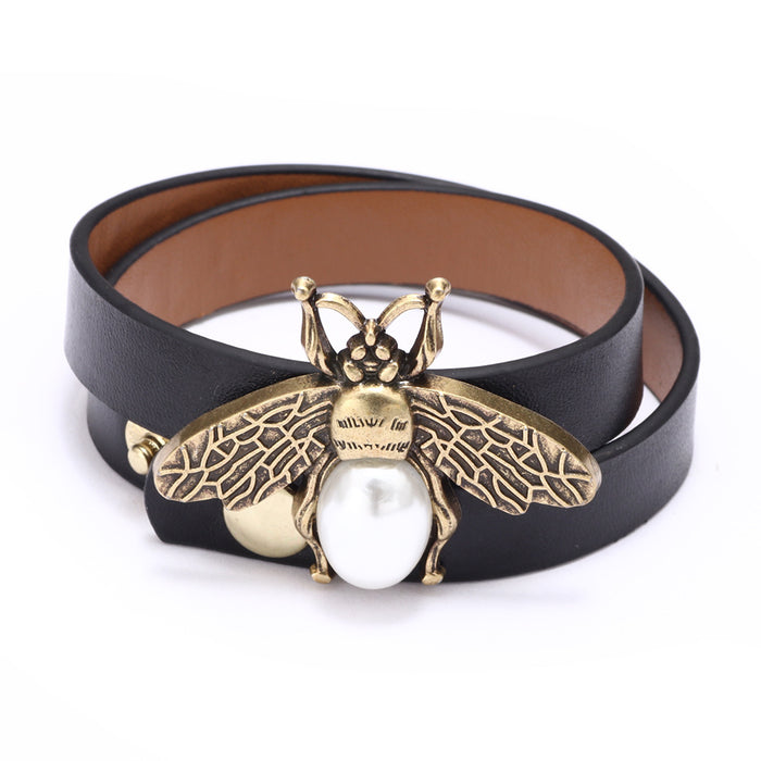 Wholesale Alloy Little Bee PU Leather Pearl Bracelet JDC-BT-QiN003