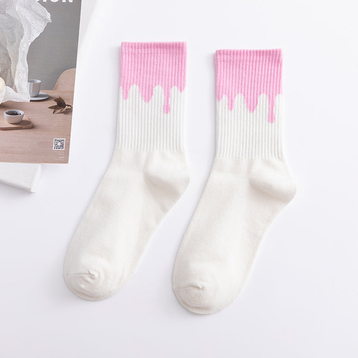 Wholesale Cream Flowing Contrast Color Sports Socks Cotton Socks Mid Tube MOQ≥3 JDC-SK-FuW002