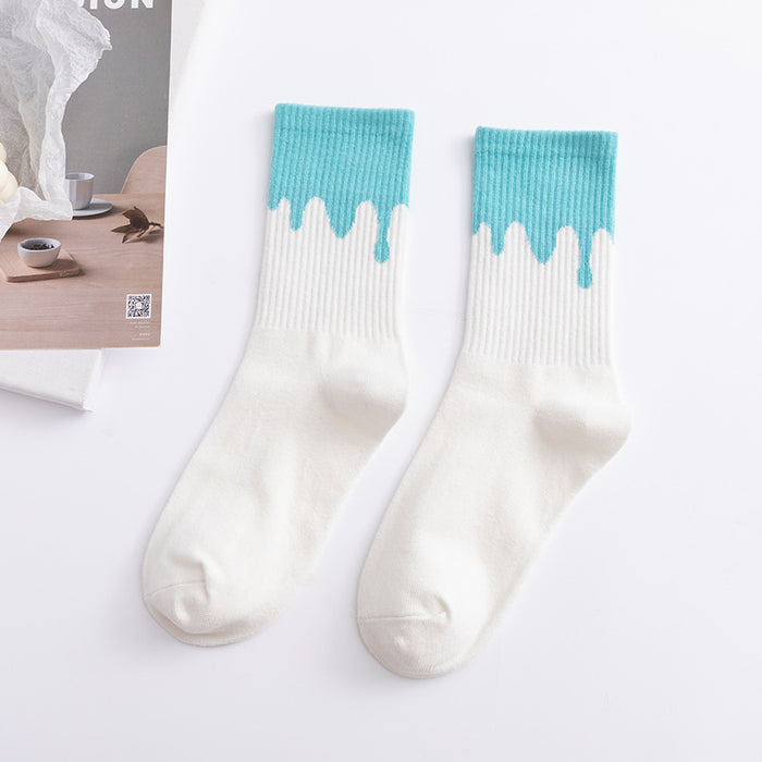 Wholesale Cream Flowing Contrast Color Sports Socks Cotton Socks Mid Tube MOQ≥3 JDC-SK-FuW002