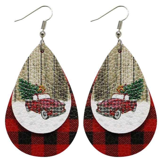 Wholesale Earrings PU Christmas Print Water Drop Shape MOQ≥2 JDC-ES-Tianpi003