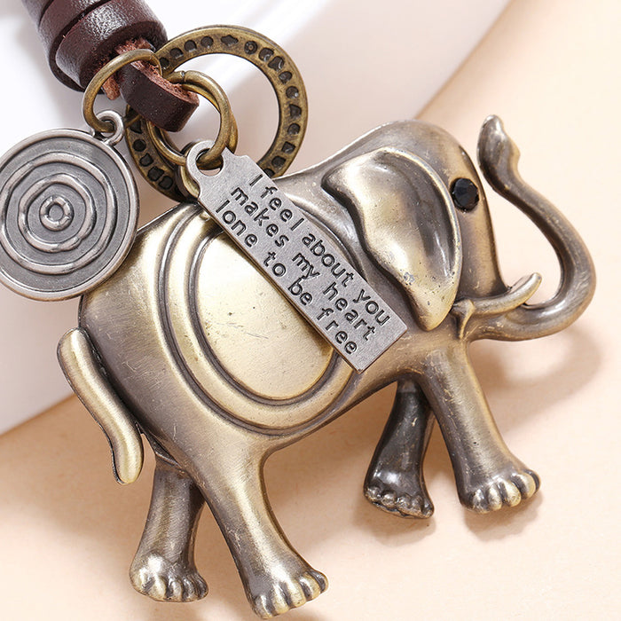 Wholesale Keychains For Backpacks Cowhide Vintage Hand Woven Alloy Elephant Pendant Keychain JDC-KC-PK013