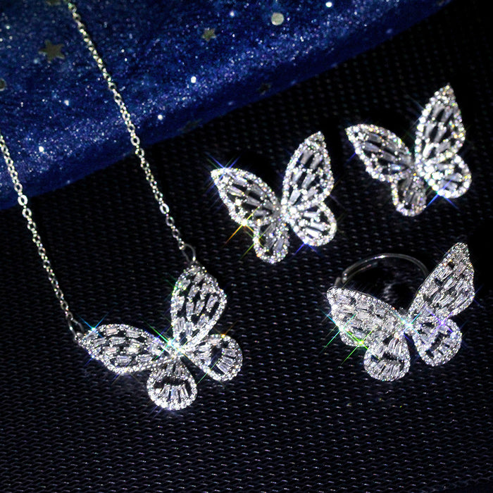 Wholesale Necklace Zircon Butterfly Necklace Earrings Ring Set JDC-NE-MiMeng033