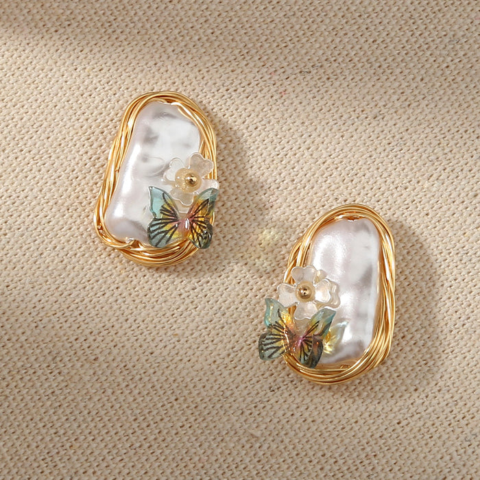 Wholesale Baroque Pearl Butterfly Copper Earrings JDC-ES-NuoM001