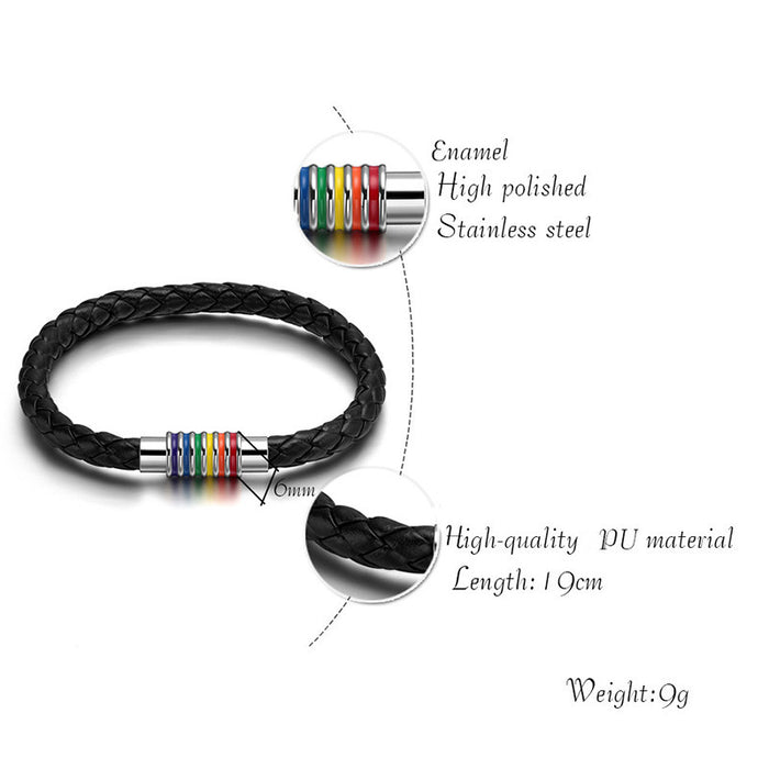 Wholesale Rainbow Braided Bracelet Bracelet Titanium Steel PU Leather Gay Jewelry JDC-BT-QuanS003