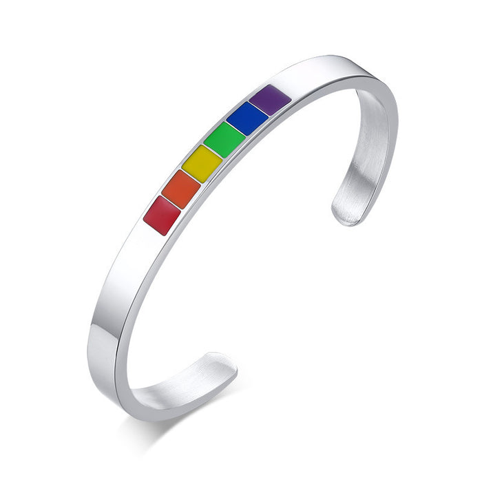 Wholesale LGBT Gay U Shape Stainless Steel Rainbow Epoxy C Shape Open Bracelet JDC-BT-QuanS004