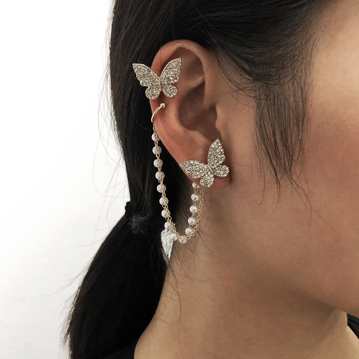 Wholesale One Piece Ear Clip Bone Asymmetric Pearl Butterfly Sweet Earrings JDC-ES-Qiandi015