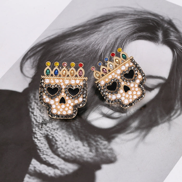 Wholesale Baroque Pearl Earrings Diamond Crown Skull JDC-ES-MY262