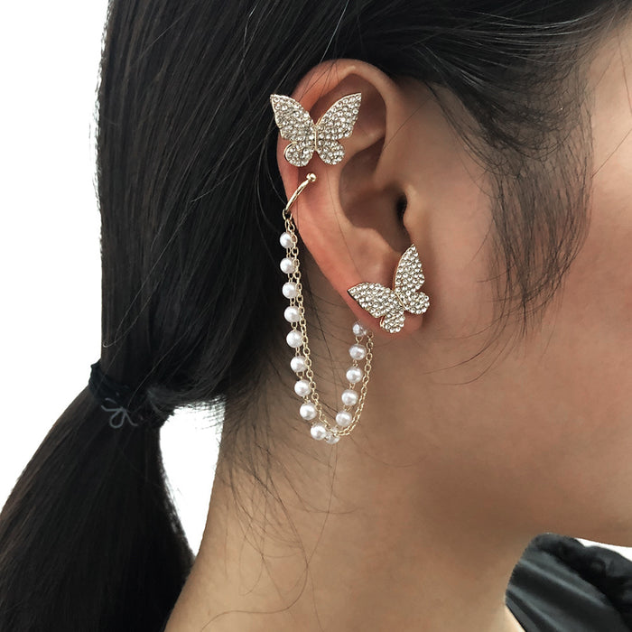Wholesale One Piece Ear Clip Bone Asymmetric Pearl Butterfly Sweet Earrings JDC-ES-Qiandi015
