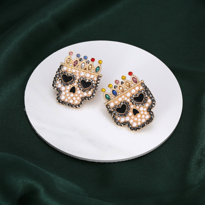 Wholesale Baroque Pearl Earrings Diamond Crown Skull JDC-ES-MY262