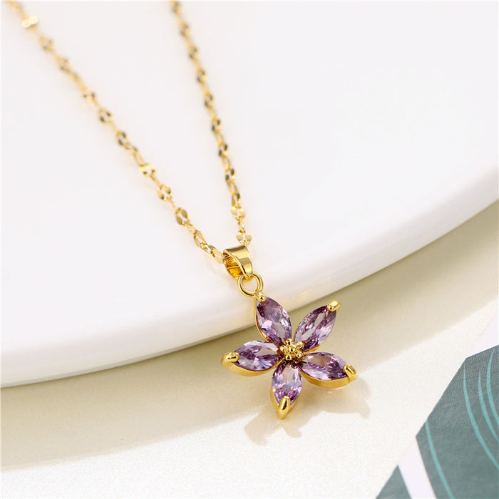 Wholesale Necklace Titanium Steel Zircon Purple Small Flower Clavicle Chain JDC-NE-QR003