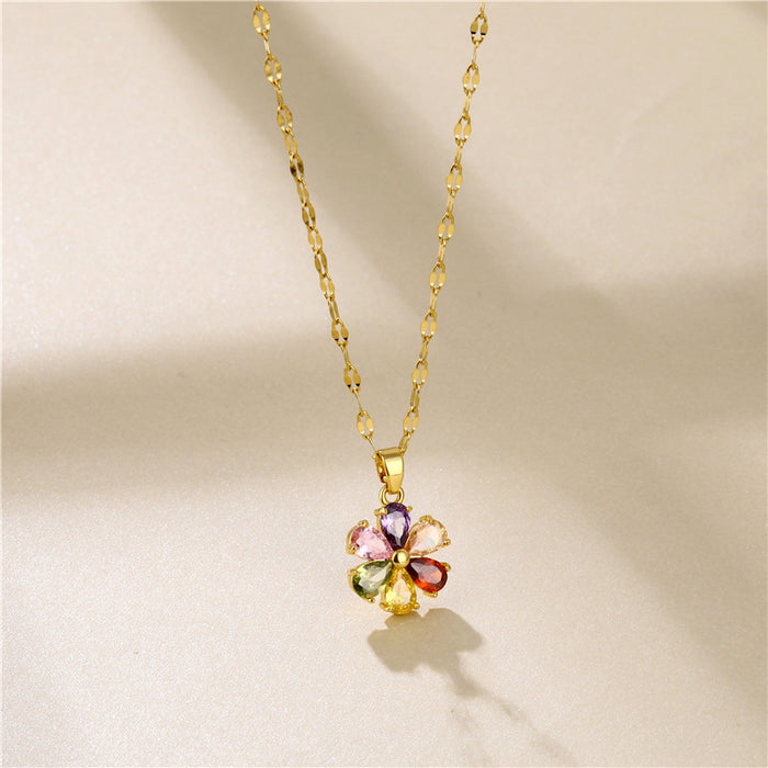 Wholesale Necklace Titanium Steel Colorful Zircon Flower Collar Chain JDC-NE-QingR002