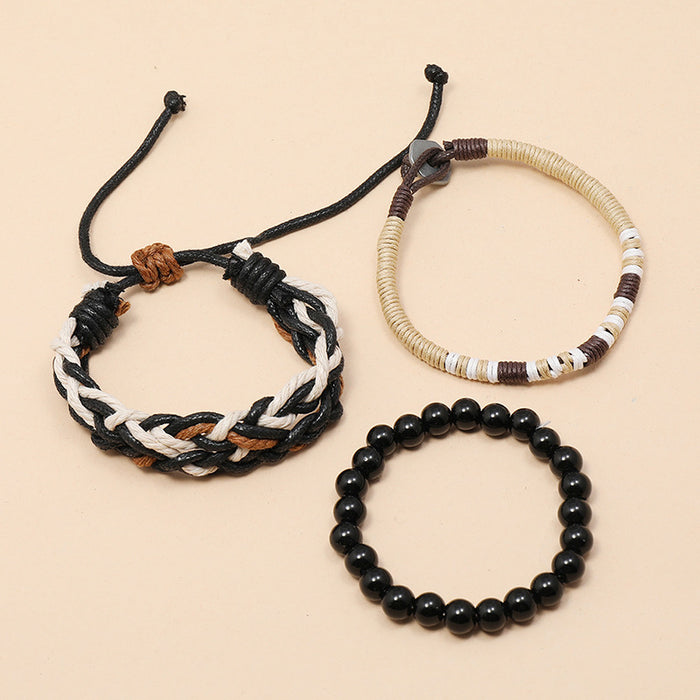 Wholesale Bracelet Wax Thread Hemp Rope Glass Beads Three-Piece Set Multilayer Men's Bracelet JDC-BT-PK040