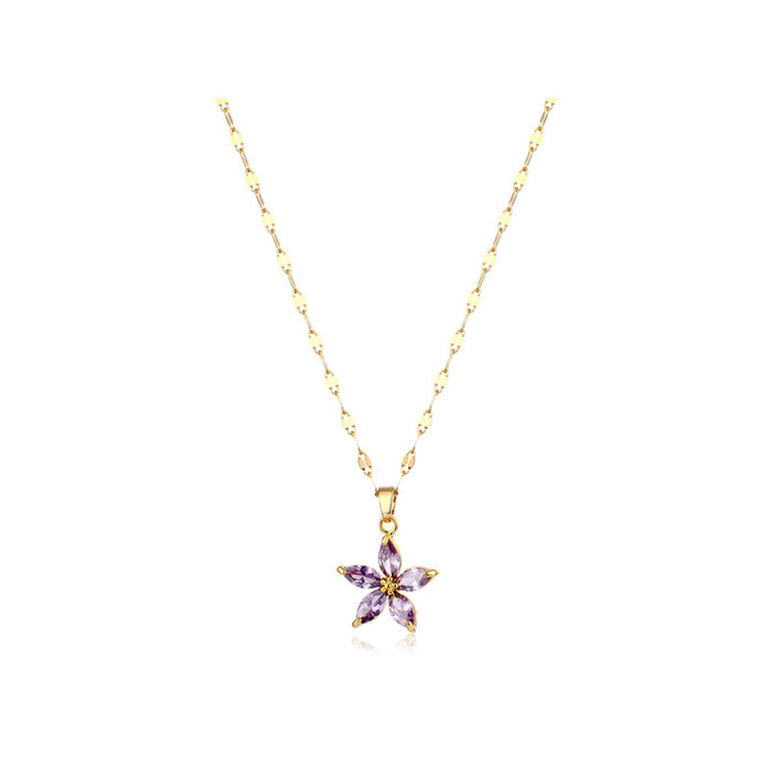 Wholesale Necklace Titanium Steel Zircon Purple Small Flower Clavicle Chain JDC-NE-QR003