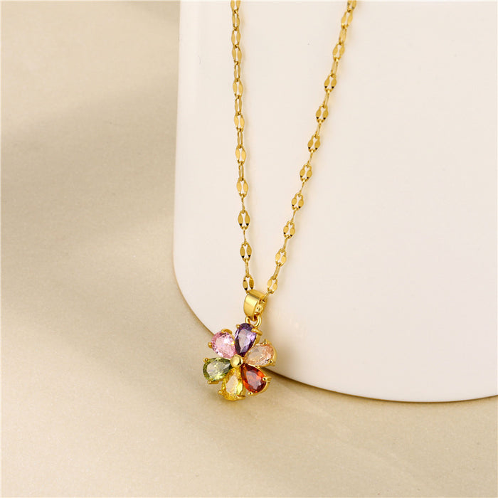 Wholesale Necklace Titanium Steel Colorful Zircon Flower Collar Chain JDC-NE-QingR002