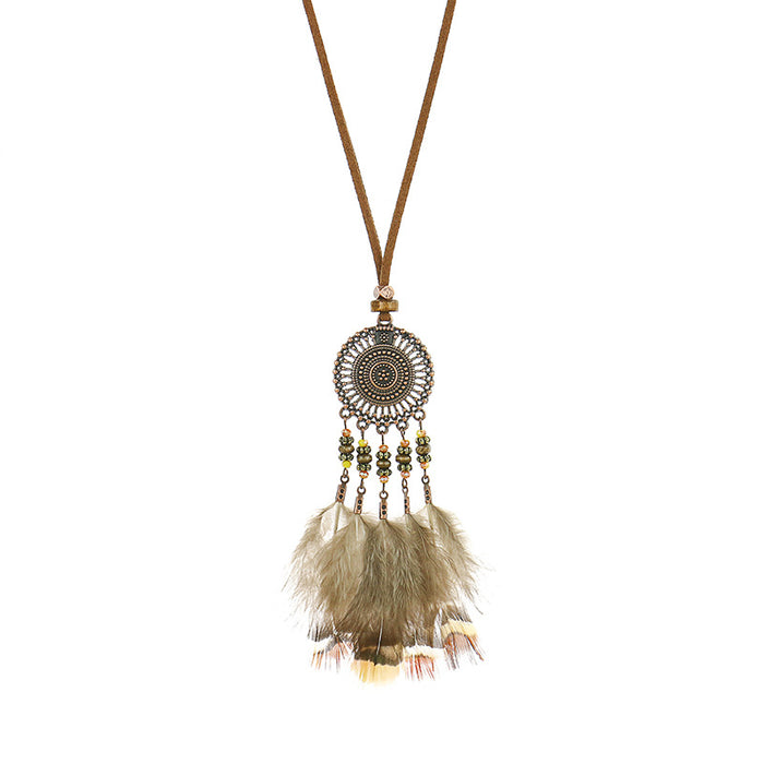 Wholesale Feather Necklace Vintage Hollow Round Accessories Drip Oil Pendant Long Sweater Chain JDC-NE-HH006