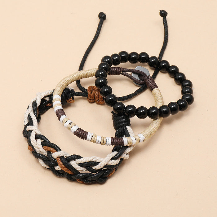 Wholesale Bracelet Wax Thread Hemp Rope Glass Beads Three-Piece Set Multilayer Men's Bracelet JDC-BT-PK040
