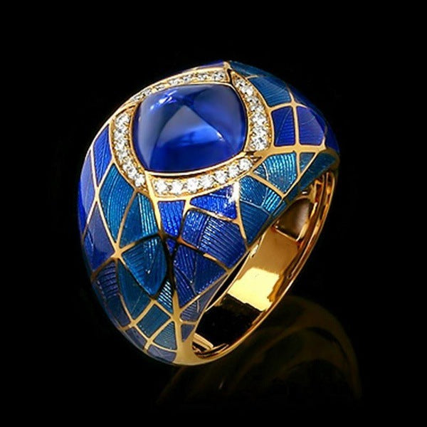 Wholesale Alloy Blue Gem Set Zirconium Diamond Ring Drip Oil MOQ≥2 JDC-RS-Hechen013