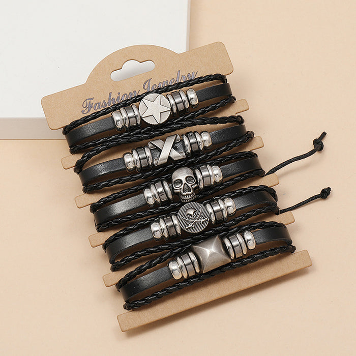 Wholesale Bracelet PU Wax Line Leather Alloy CCB Skull Five Piece Set JDC-BT-ShuoQ005