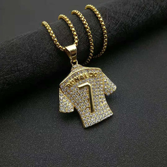 Wholesale Titanium Steel Gold Plated Diamond No.7 Shirt Pendant Necklace JDC-CS-HongXin003