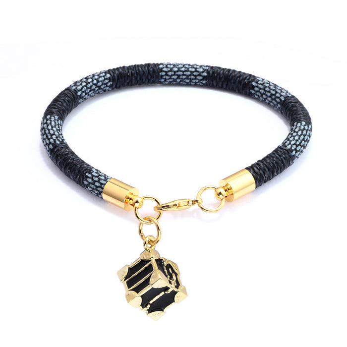 Wholesale Striped PU Leather Rope Plating Real Gold Bracelet (F) JDC-BT-QiN004