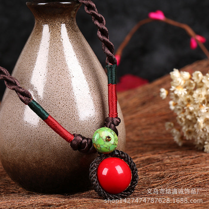 Wholesale necklace silver buckle original ethnic style hand-woven antique red ball JDC-NE-JMC004