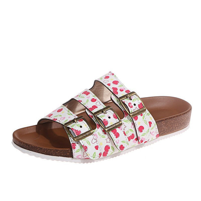 Wholesale belt buckle flip flops floral flat open toe plus size women's shoes JDC-SD-Qianh007