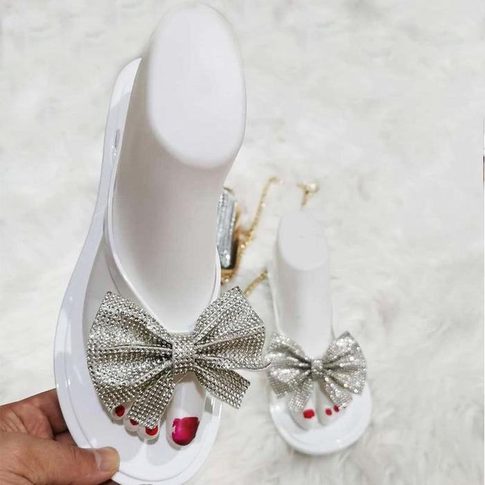 Wholesale plus size flip flops women's bow slippers colored diamonds JDC-SD-KMD006