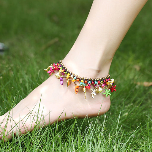 Jewelry WholesaleWholesale bohemian wind chime bell starfish hand woven turquoise anklet chain JDC-AS-Mcheng001 Anklet 结满 %variant_option1% %variant_option2% %variant_option3%  Factory Price JoyasDeChina Joyas De China