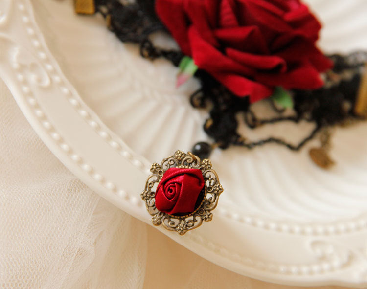 Wholesale Ring Lace Halloween Red Rose Tassel Bracelet Ring All in One MOQ≥5 JDC-RS-HeiY001