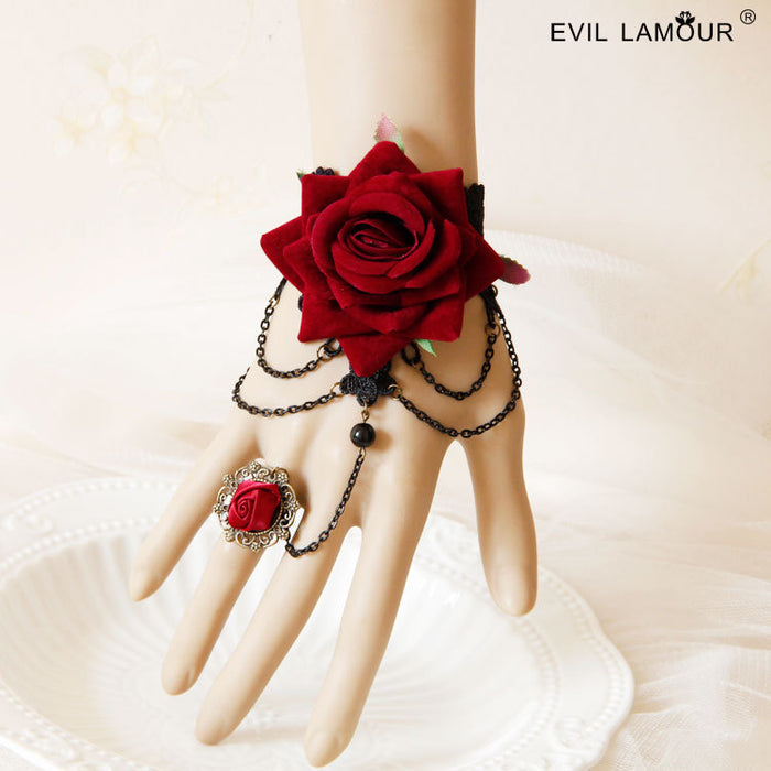 Wholesale Ring Lace Halloween Red Rose Tassel Bracelet Ring All in One MOQ≥5 JDC-RS-HeiY001