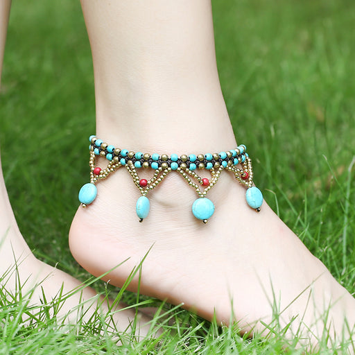 Jewelry WholesaleWholesale bohemian wind turquoise round cake hand-woven anklet chain JDC-AS-Mcheng002 Anklet 结满 %variant_option1% %variant_option2% %variant_option3%  Factory Price JoyasDeChina Joyas De China