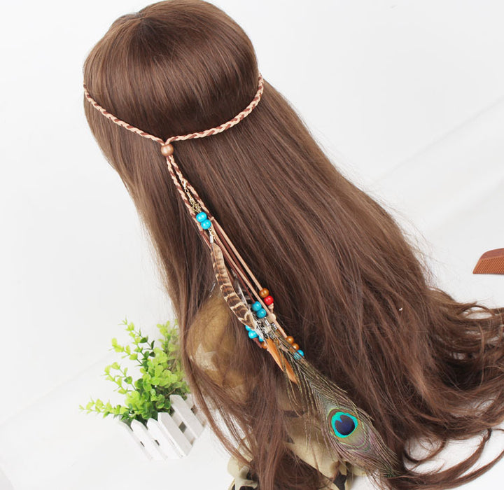 Wholesale Hair Clips Indian Color Beads Peacock Feather Leather Rope Pendant Hair Accessories MOQ≥3 JDC-HC-FengJ002
