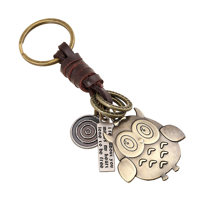 Wholesale Keychain Alloy Retro Owl Leather Braided Pendant JDC-KC-PK022