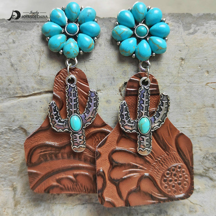 Wholesale Earrings Cortex Vintage Embossed Cactus Turquoise 2 Pairs JDC-ES-HeYi083