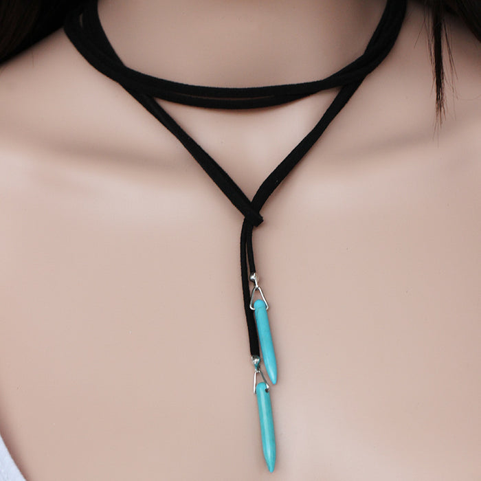 Wholesale Necklaces Flannel Natural Stone Turquoise Pendant Sweater Chain MOQ≥2 JDC-NE-YiR004