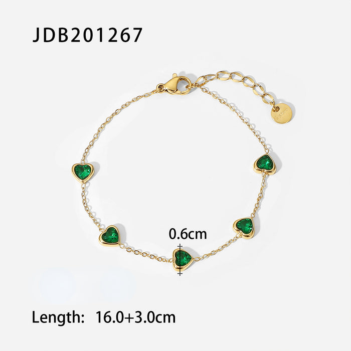 Wholesale Heart Shaped Green Zircon 14K Gold Stainless Steel Bracelet JDC-BT-JD109