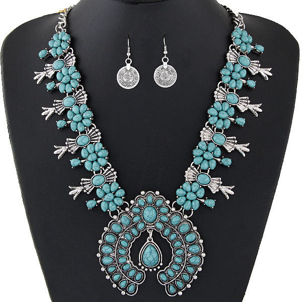 Wholesale Tassel Turquoise Necklace Fashion Boho Necklace Earrings Set JDC-NE-WY009