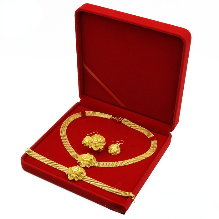 Wholesale Bridal Flower Plated 24K Gold Alloy Necklace Bracelet Earrings Ring Jewelry Set MOQ≥2 JDC-JS-AND001