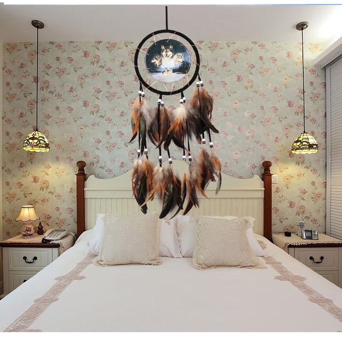 Wholesale Indian Oil Painting Wolf Totem Feather Flocking Cloth Woven Dreamcatcher MOQ≥2 JDC-DC-MengS019