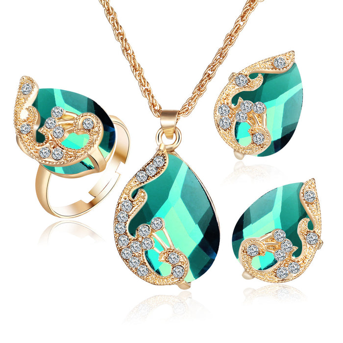 Wholesale Necklace Alloy Crystal Water Drop Peacock Necklace Earrings Ring Jewelry Set JDC-NE-F274