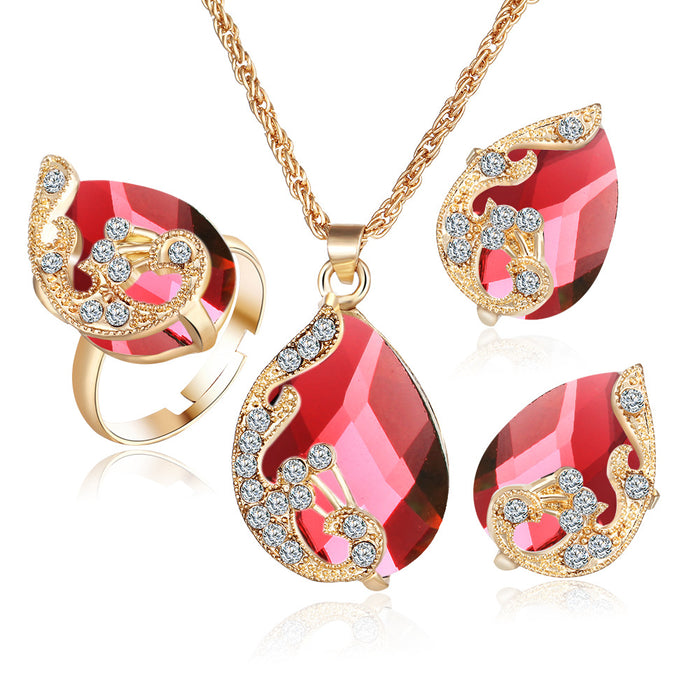 Wholesale Necklace Alloy Crystal Water Drop Peacock Necklace Earrings Ring Jewelry Set JDC-NE-F274