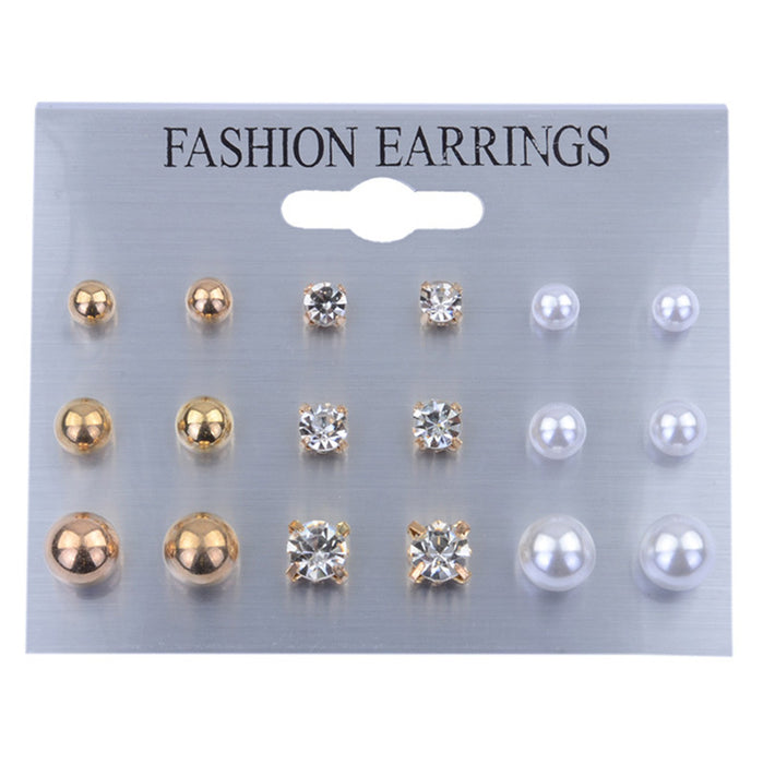 Wholesale Pearl Rhinestone Stud Earrings 9 Pairs Plate Combo Set JDC-RS-Zhulong002