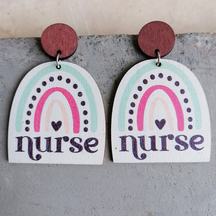 Wholesale Earrings Wooden Letters Colorful Rainbow Nurse 2 Pairs JDC-ES-Heyi056