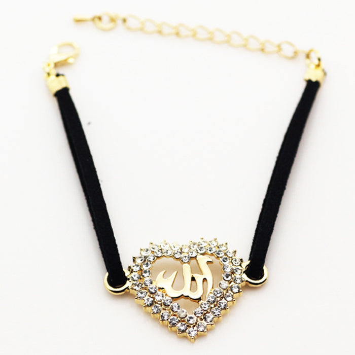 Wholesale Black Rope Bracelet Gold Plated Scripture Double Layer Diamond Heart Bracelet JDC-BT-jinB003