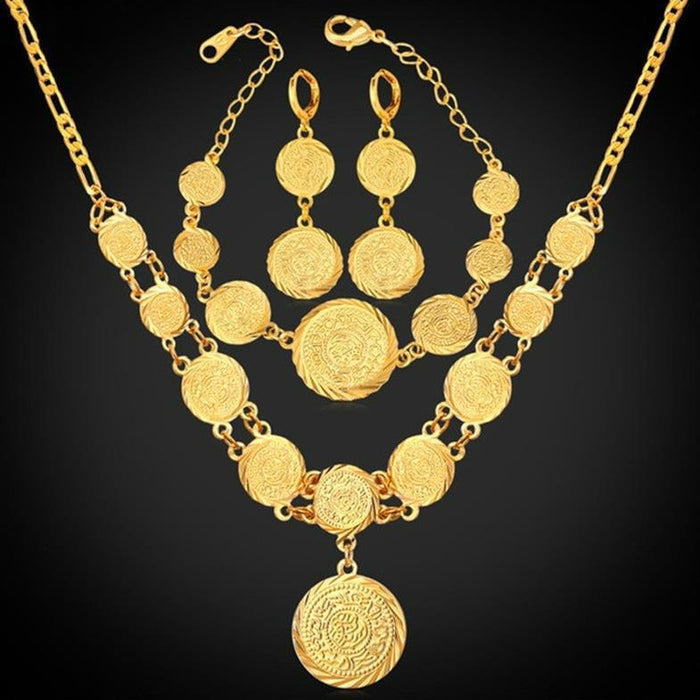 Pendientes de monedas de oro de cobre al por mayor Cobre Collar Juego de pulsera JDC-BT-TIANM003