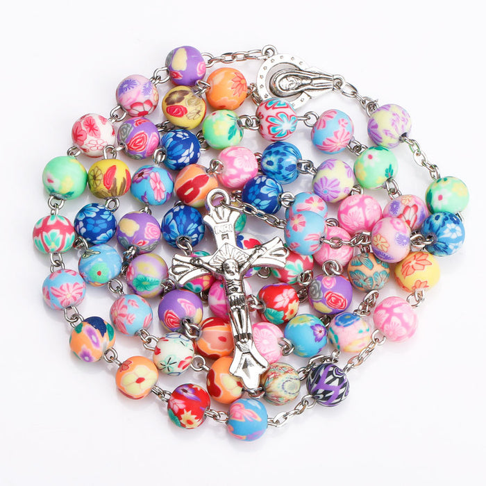 Wholesale Necklace Alloy Cross Soft Pottery Rosary Rosary Beads JDC-NE-NingX009